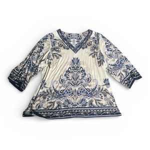 JM Collection Blue and Cream Paisley Blouse